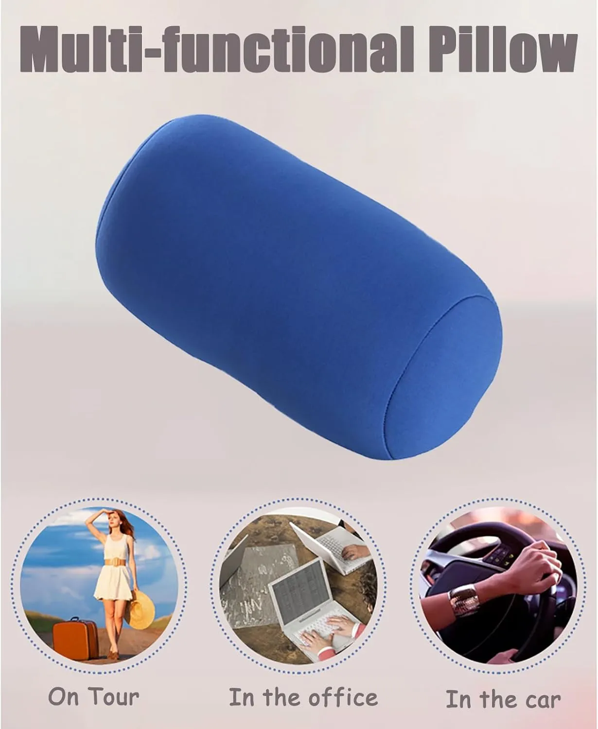 Microbead Bolster Pillow 2 Pcs Cylindrical Bean Bag Throw Pillows for Neck, Back & Arm Support 11.8x6.3 Inch Squishy Travel Pillows for Car, Plane, Recliner & Sleeping (Black   Blue)