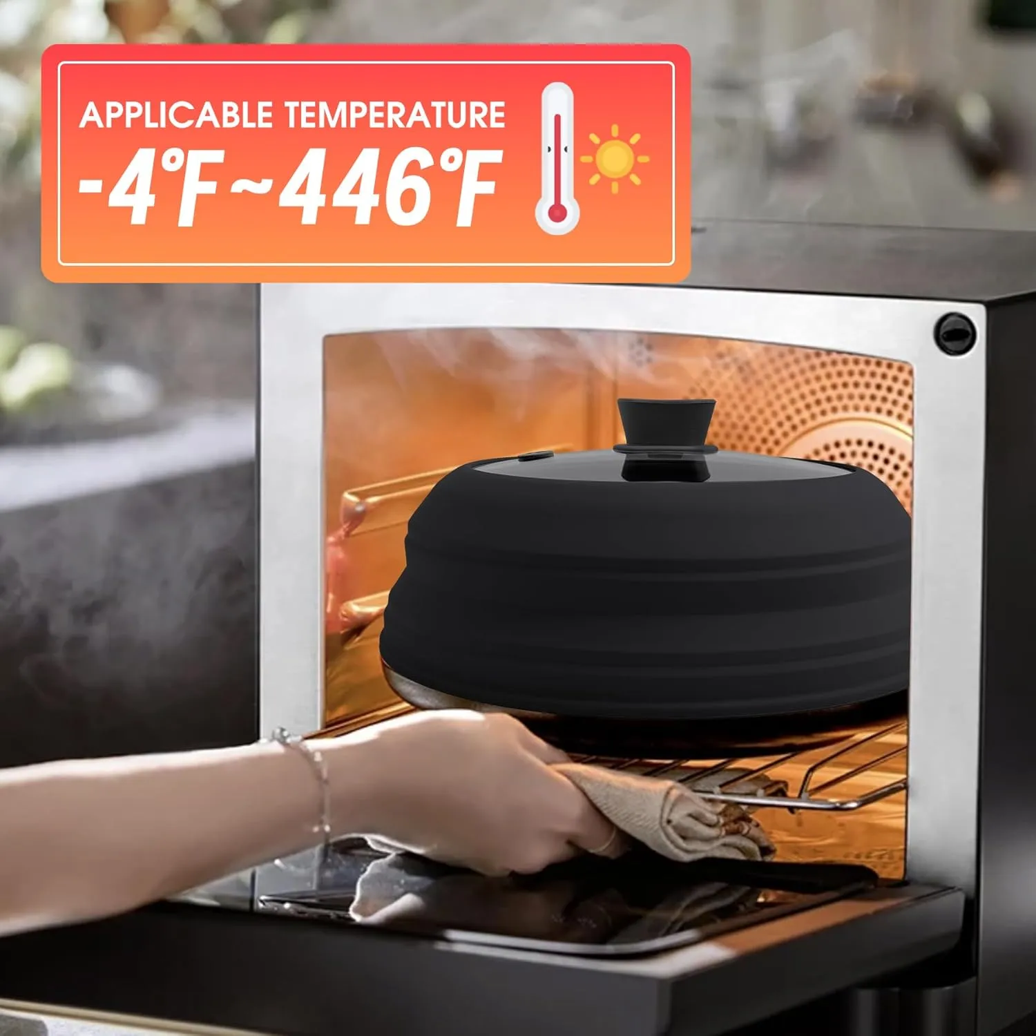 Microwave Splatter Cover for Food Collapsible Glass Microwave Cover Silicone Splatter Guard Dishwasher Safe Splatter Lid for Plates, Bowls, Pots & Stovetop Cooking 10.8" Black