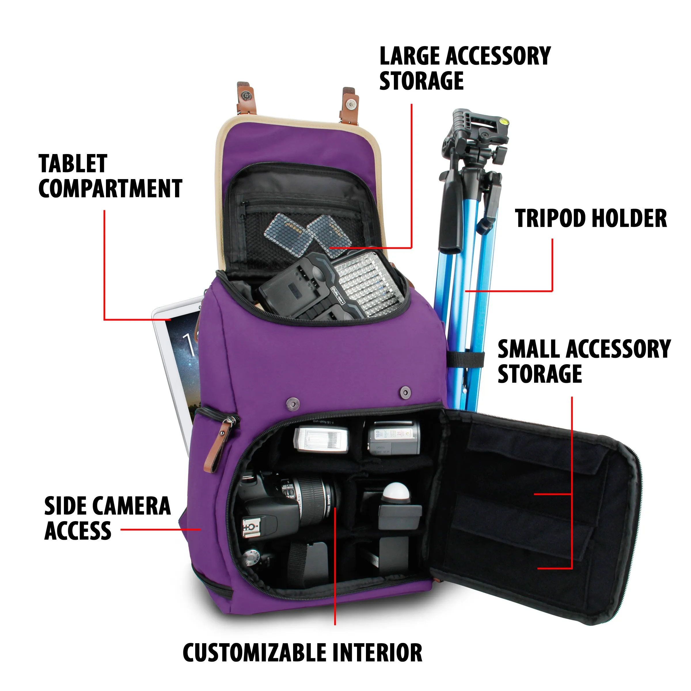 Mid volume Digital SLR Camera Backpack Purple with Tablet Compartment