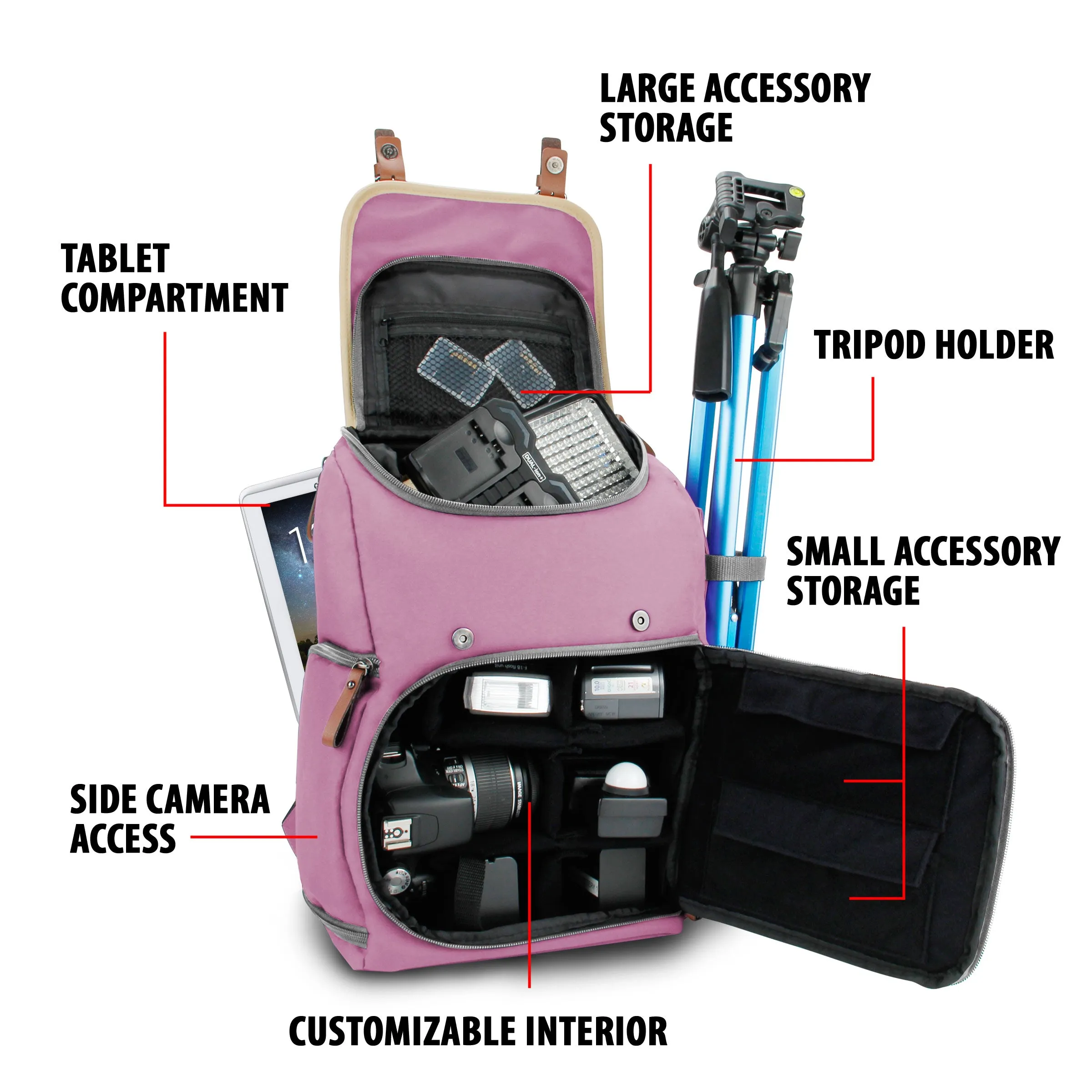 Mid volume Digital SLR Camera Backpack Purple with Tablet Compartment