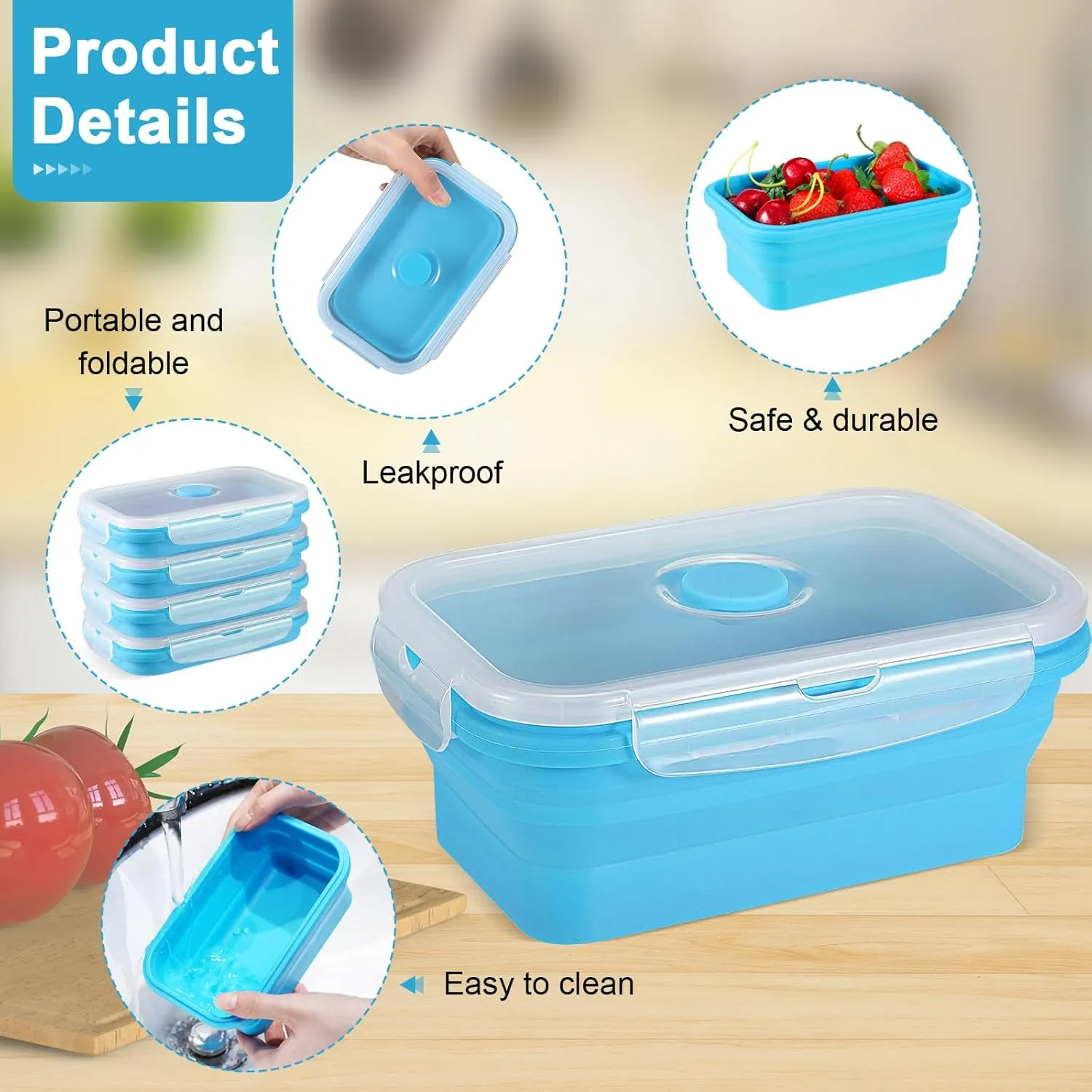 Mifoci Set of 8 Silicone Collapsible Food Storage Containers 17 oz Collapsible Meal Prep Container Square Bowl with Vent Lids, Microwave, Freezer and Dishwasher Safe (Blue)