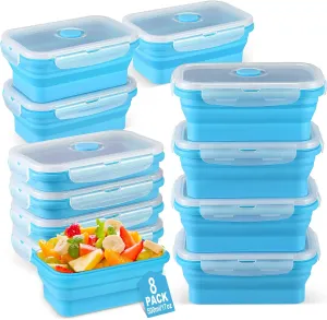 Mifoci Set of 8 Silicone Collapsible Food Storage Containers 17 oz Collapsible Meal Prep Container Square Bowl with Vent Lids, Microwave, Freezer and Dishwasher Safe (Blue)
