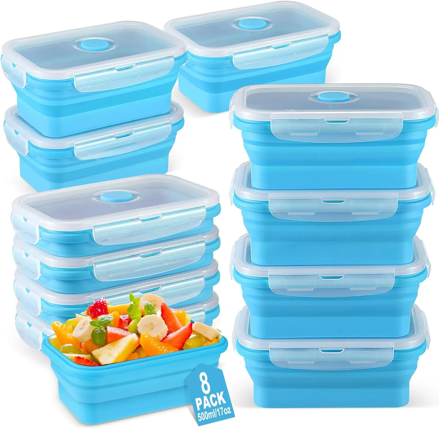 Mifoci Set of 8 Silicone Collapsible Food Storage Containers 17 oz Collapsible Meal Prep Container Square Bowl with Vent Lids, Microwave, Freezer and Dishwasher Safe (Blue)