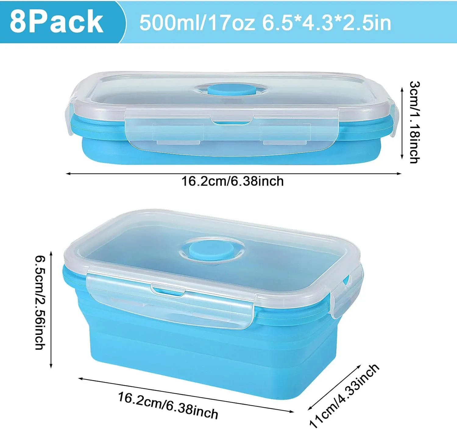 Mifoci Set of 8 Silicone Collapsible Food Storage Containers 17 oz Collapsible Meal Prep Container Square Bowl with Vent Lids, Microwave, Freezer and Dishwasher Safe (Blue)