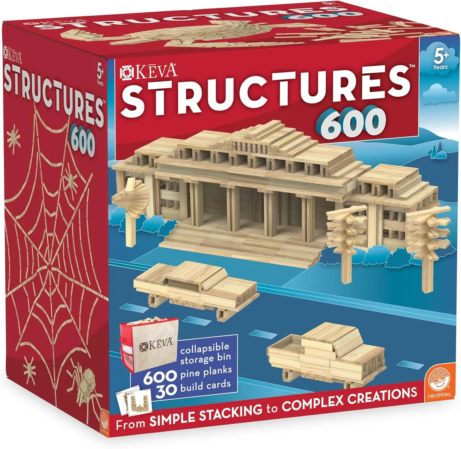 MindWare KEVA Structures 600 Plank Wooden Building Blocks Set, Includes 600 Pine KEVA Planks, 30 Idea Cards and Collapsible Storage Bin
