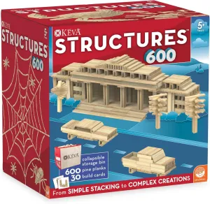 MindWare KEVA Structures 600 Plank Wooden Building Blocks Set, Includes 600 Pine KEVA Planks, 30 Idea Cards and Collapsible Storage Bin