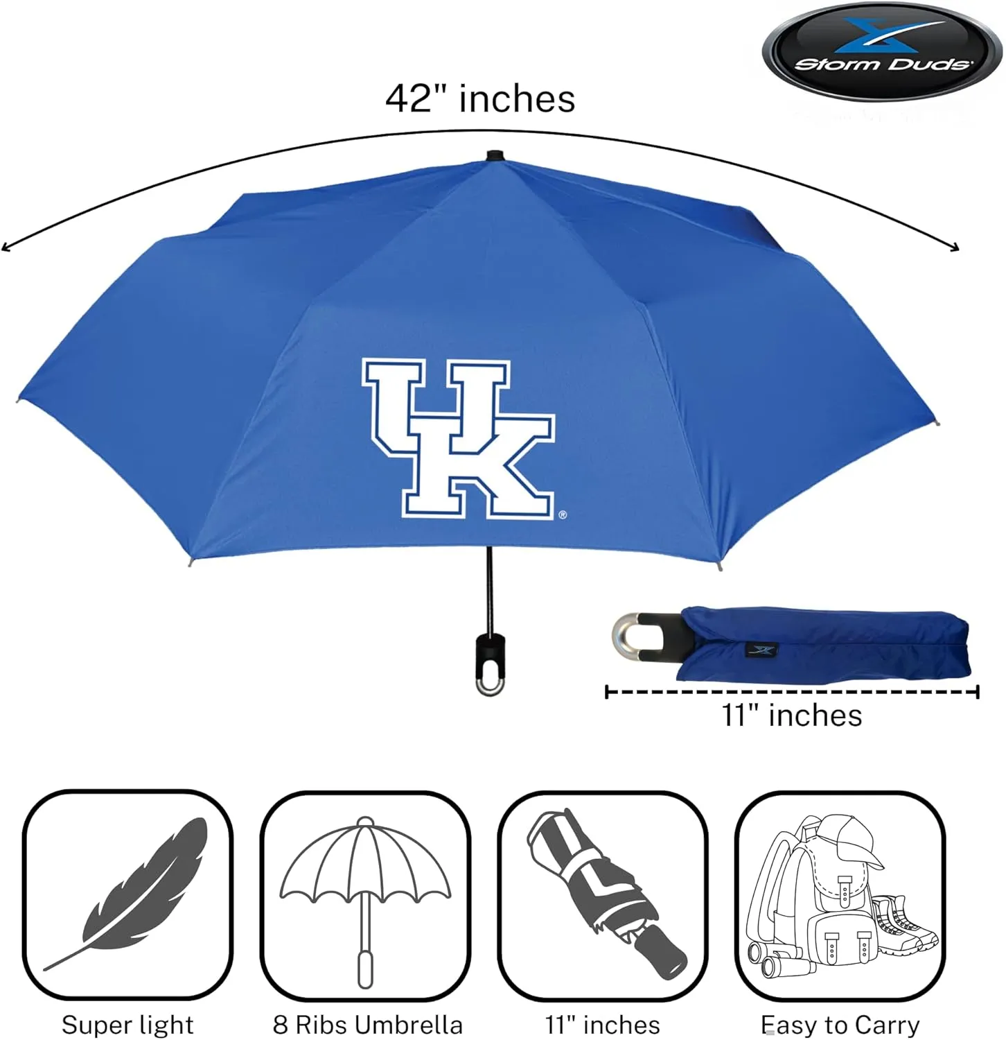 Mini Compact Storm Umbrella - NCAA Logo 42” Coverage, Folds to 11 Inches- Swivel Clip on Handle - Water, Wind & Rust Resistant, and Flexible Frame