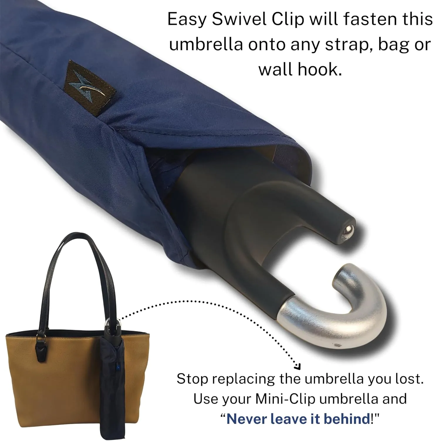 Mini Compact Storm Umbrella - NCAA Logo 42” Coverage, Folds to 11 Inches- Swivel Clip on Handle - Water, Wind & Rust Resistant, and Flexible Frame