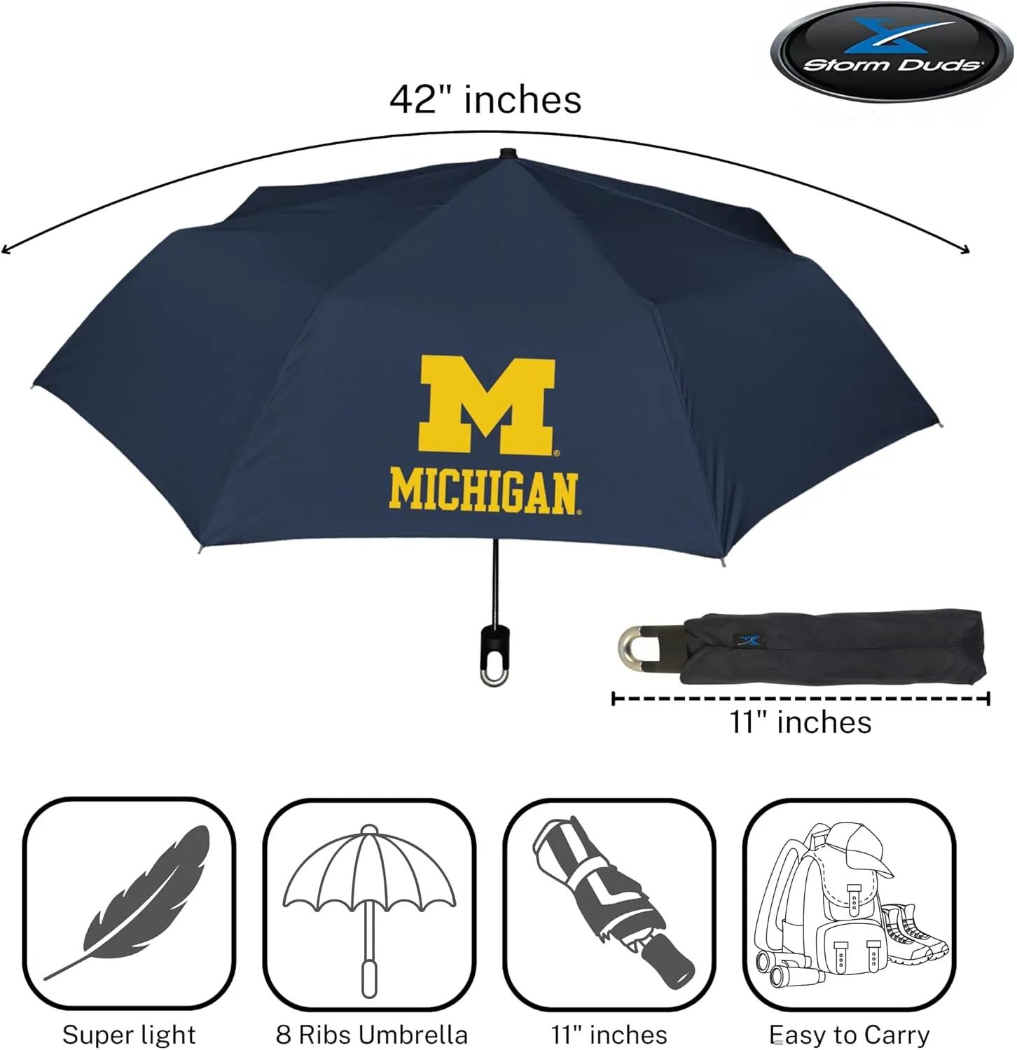 Mini Compact Storm Umbrella - NCAA Logo 42” Coverage, Folds to 11 Inches- Swivel Clip on Handle - Water, Wind & Rust Resistant, and Flexible Frame