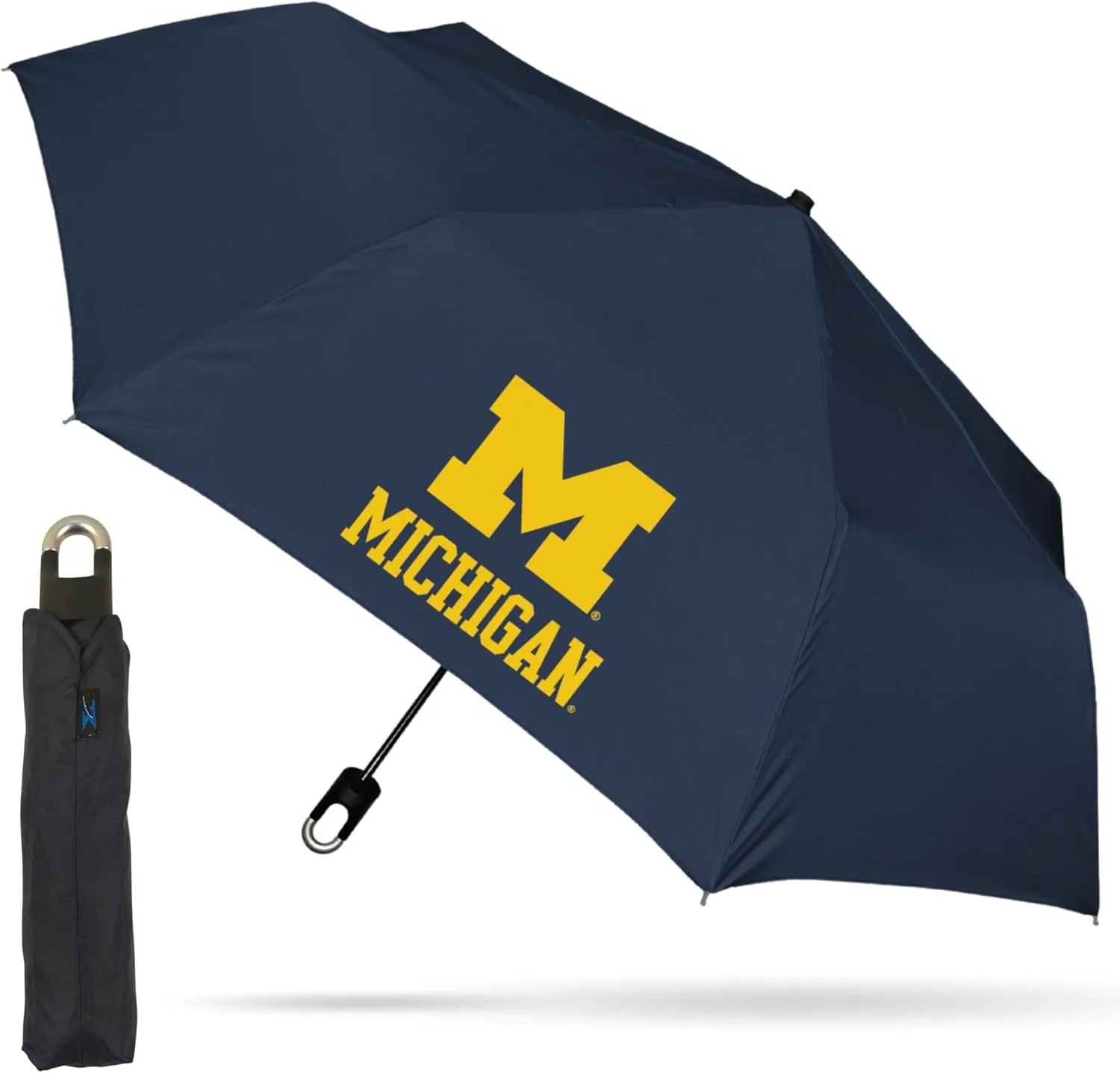 Mini Compact Storm Umbrella - NCAA Logo 42” Coverage, Folds to 11 Inches- Swivel Clip on Handle - Water, Wind & Rust Resistant, and Flexible Frame