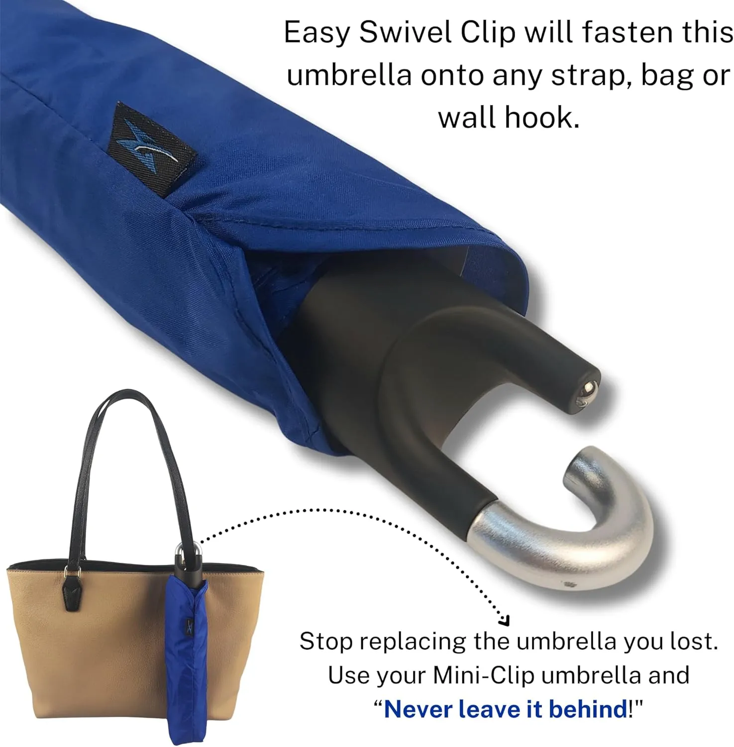 Mini Compact Storm Umbrella - NCAA Logo 42” Coverage, Folds to 11 Inches- Swivel Clip on Handle - Water, Wind & Rust Resistant, and Flexible Frame