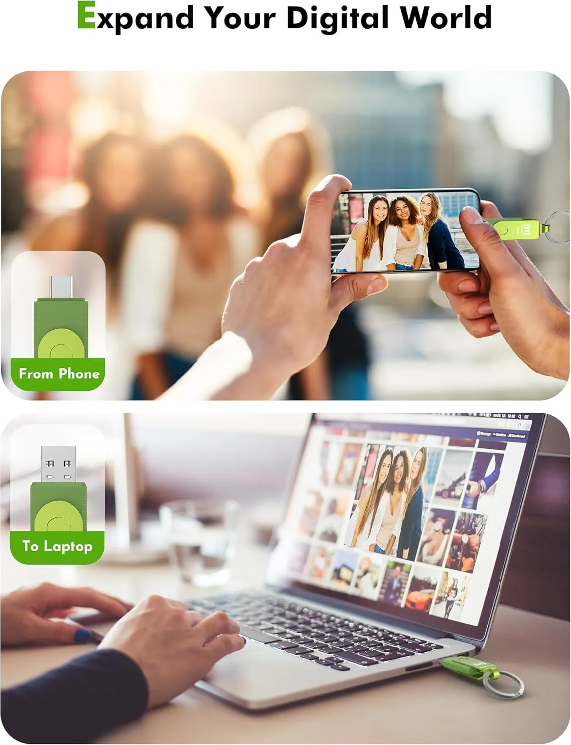 MOSDART 512GB USB3.1 Fast Speed C and A Dual Flash Drive, exFAT Memory Stick with Keychain and LED Indicator, for iPhone 15 and 16, Android Phone, iPad, MacBook, and Other Laptops, Green