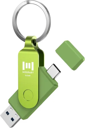 MOSDART 512GB USB3.1 Fast Speed C and A Dual Flash Drive, exFAT Memory Stick with Keychain and LED Indicator, for iPhone 15 and 16, Android Phone, iPad, MacBook, and Other Laptops, Green