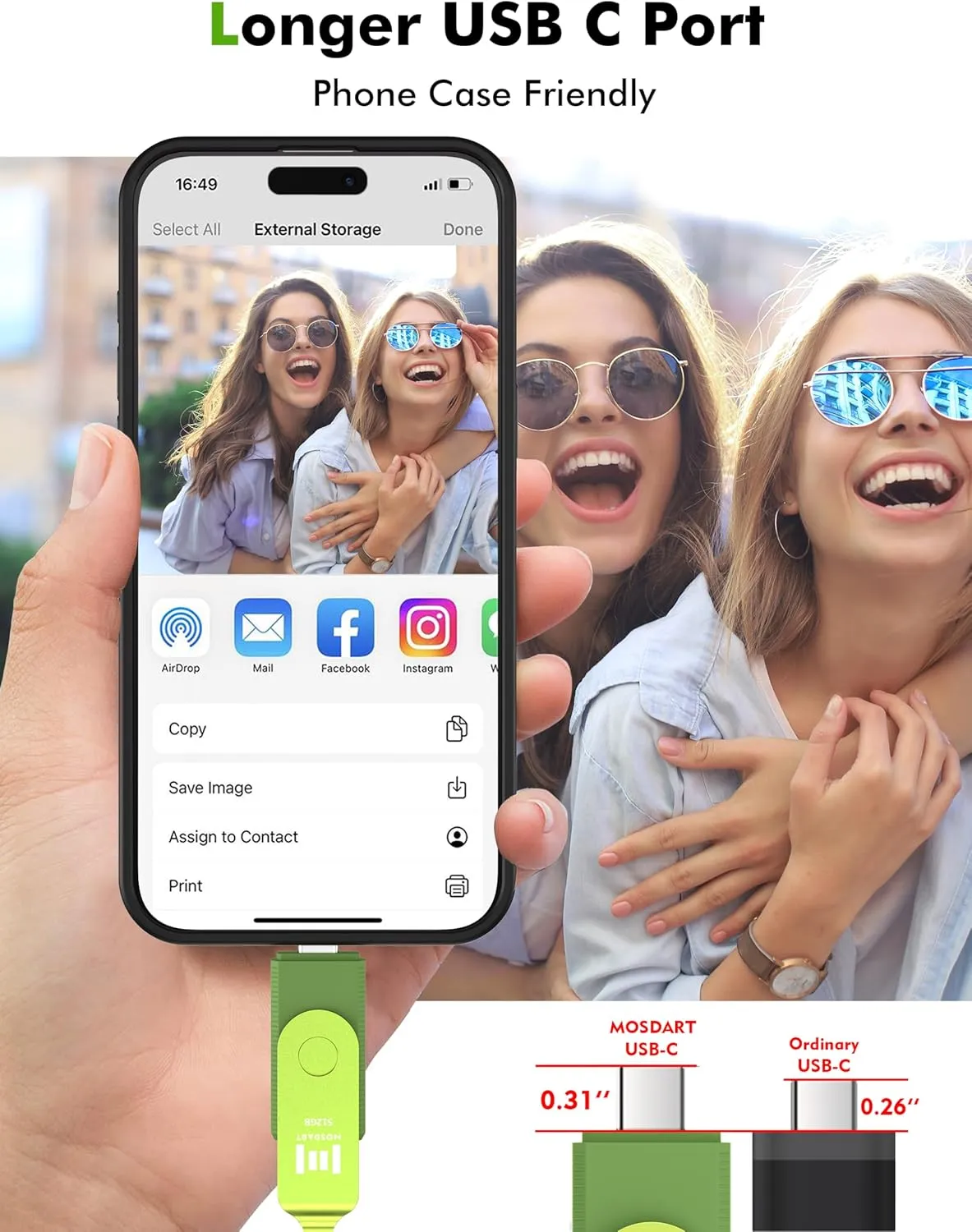 MOSDART 512GB USB3.1 Fast Speed C and A Dual Flash Drive, exFAT Memory Stick with Keychain and LED Indicator, for iPhone 15 and 16, Android Phone, iPad, MacBook, and Other Laptops, Green
