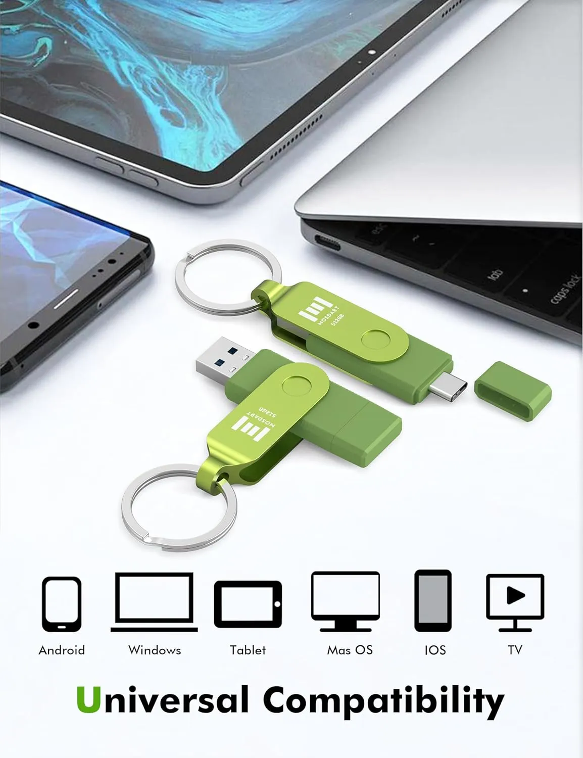 MOSDART 512GB USB3.1 Fast Speed C and A Dual Flash Drive, exFAT Memory Stick with Keychain and LED Indicator, for iPhone 15 and 16, Android Phone, iPad, MacBook, and Other Laptops, Green