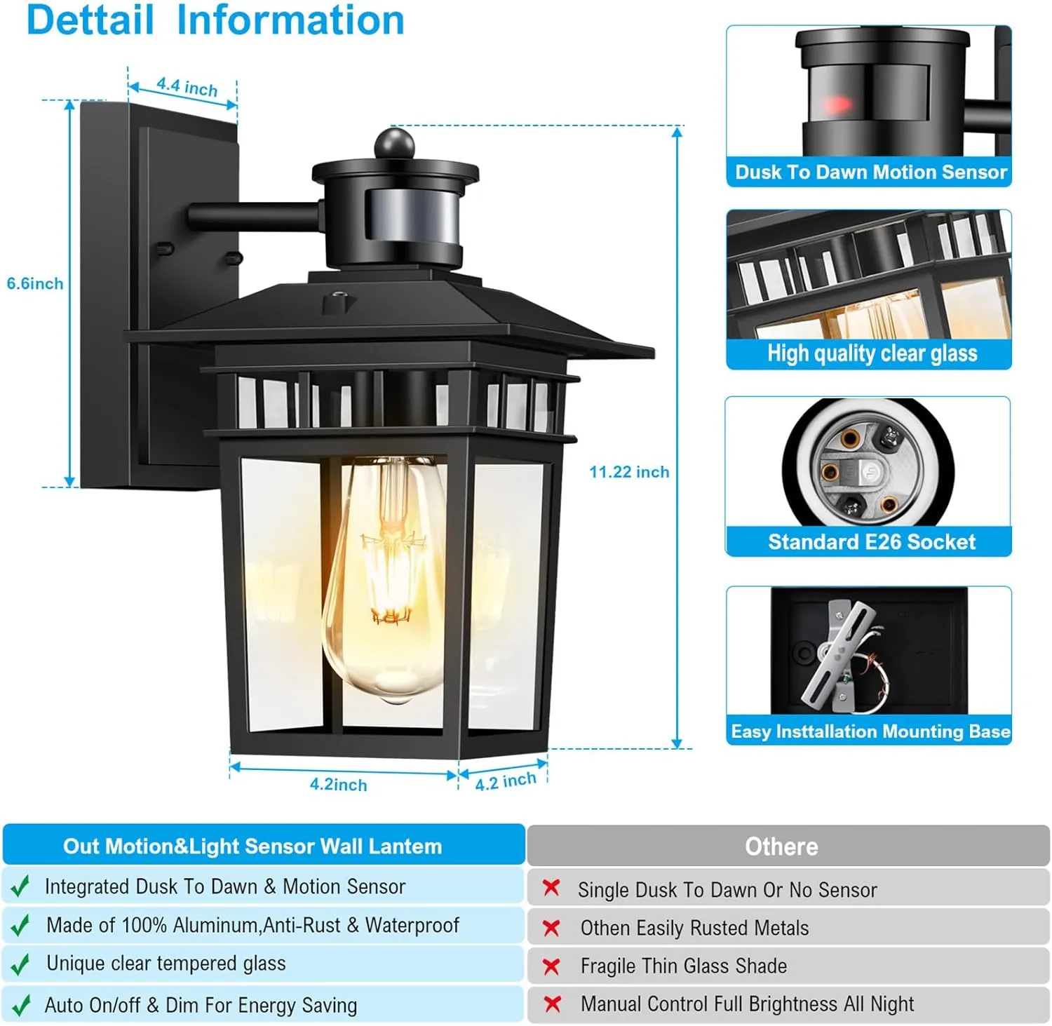 Motion Sensor Outdoor Lights Wall Mount, Dusk to Dawn Exterior Light Fixture, Aluminum Waterproof Anti-Rust Black Porch Light Outside Wall Lights, for House Front Door,Garage and Entrance Lighting