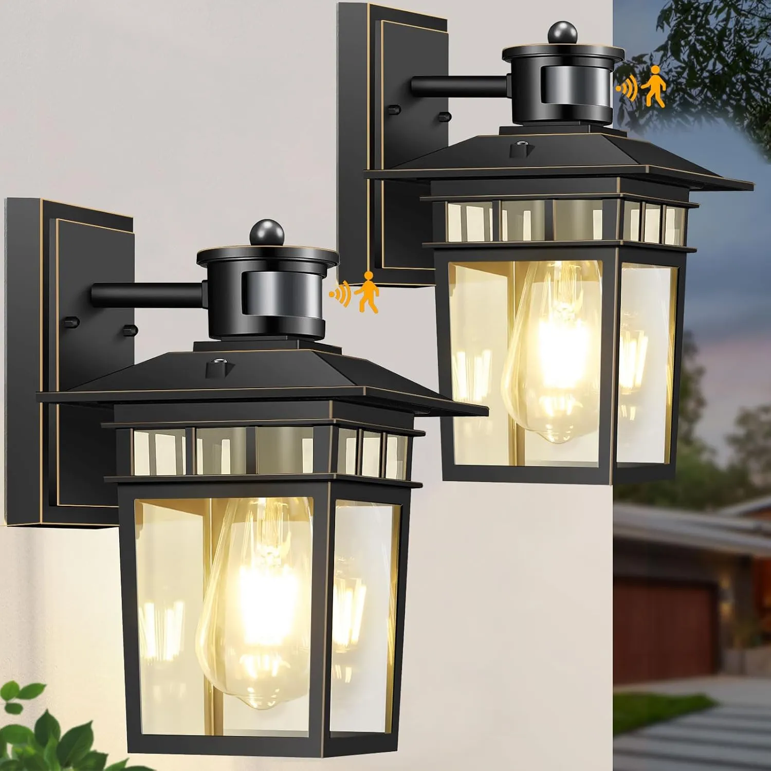 Motion Sensor Outdoor Lights Wall Mount, Dusk to Dawn Exterior Sensor Light Fixture Wall Mount, Outdoor Light for House Porch Garage Patio, Exterior Black Gold Wall Sconce, Anti Rust