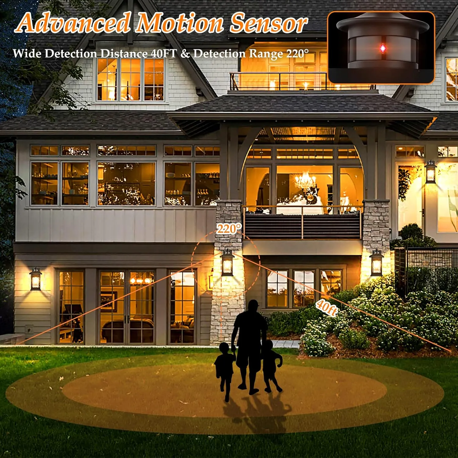 Motion Sensor Outdoor Wall Lantern, Updated Dusk to Dawn Outdoor Lighting, Exterior Light Fixtures, Black Porch Lights & Outside Wall Sconces with Water Rippled Glass for Patio Garage Entryway House