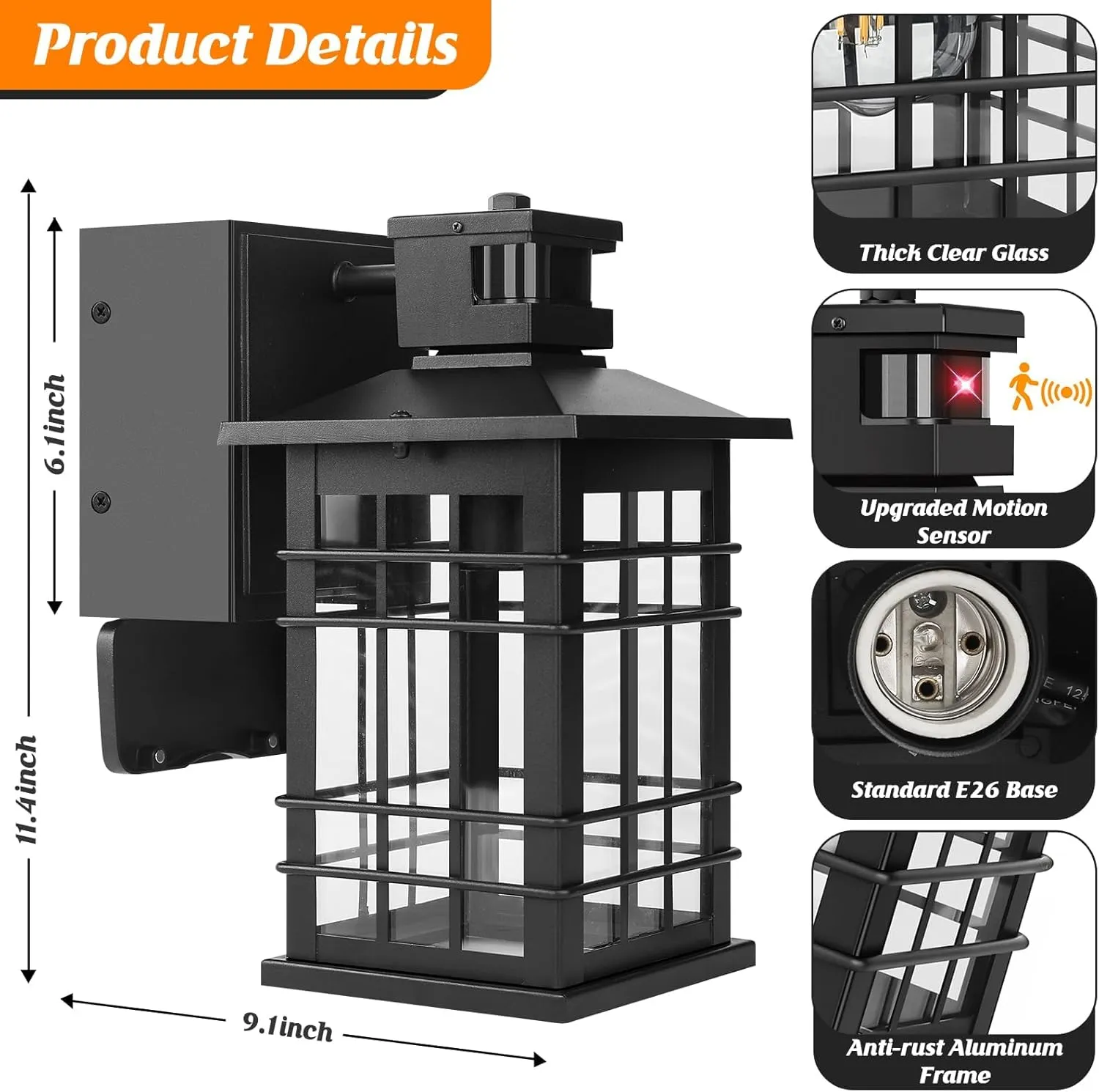 Motion Sensor Porch Light with GFCI Outlets, 11.4'' Dusk to Dawn Outdoor Wall Light Black, 3 Modes Front Door Exterior Light Fixture Waterproof Outside Light Wall Mount for House Garage