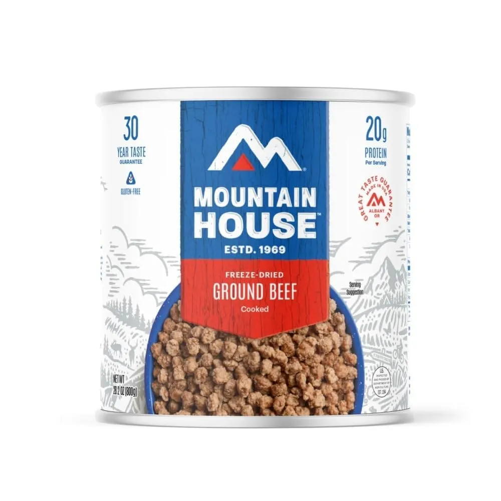Mountain House Freeze Dried Pre-Cooked Ground Beef | Hamburger Meat Gluten-Free, High-Protein, Lightweight Emergency Food for Camping, Hiking and Shelf Stable 22 Servings Made in USA #10 Can Pack of 6