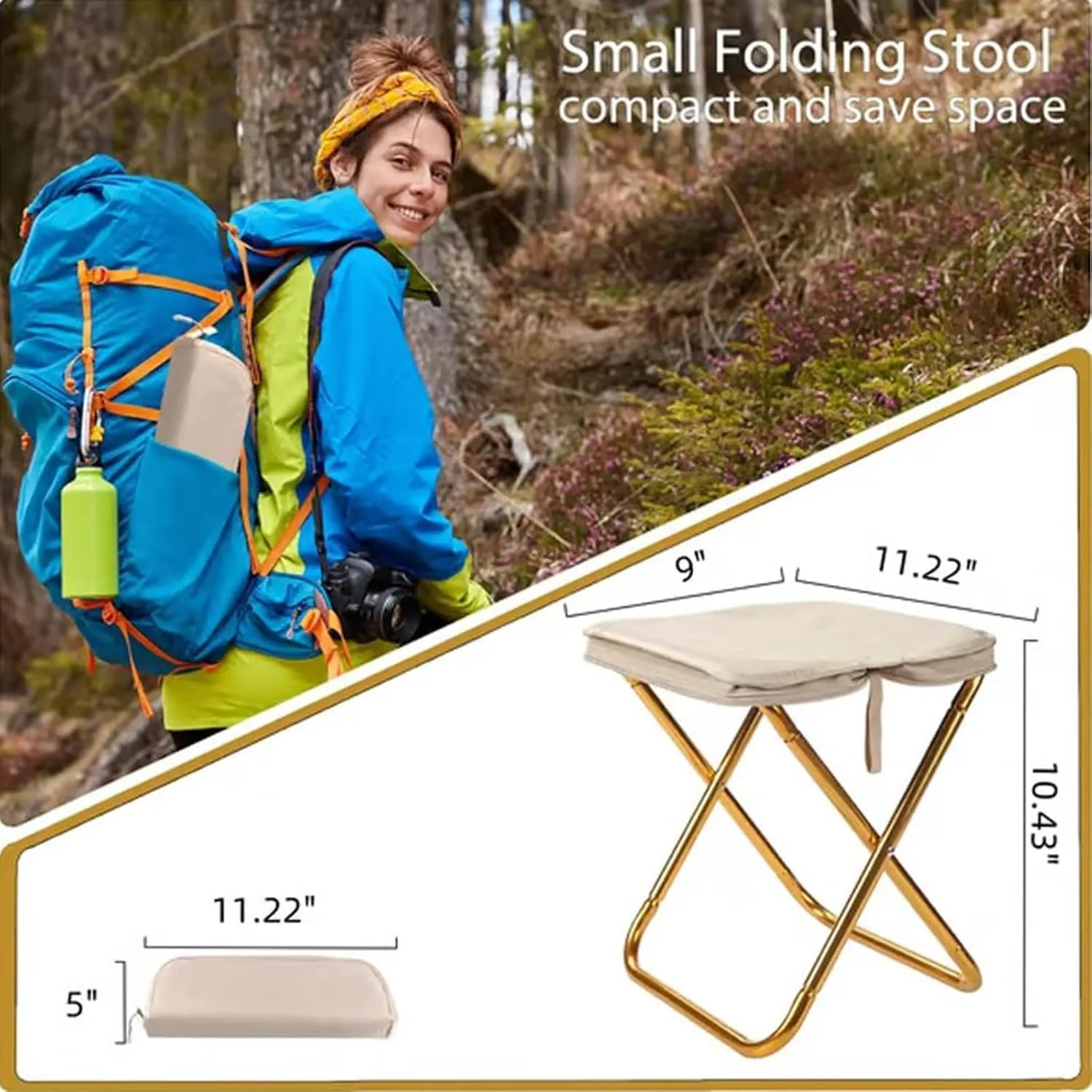 Mountaineering and Hiking Portable Stool (10.2 * 10.2 * 9.1 In),Outdoor Folding Camping Stool,Portable Camping Stool,Upgraded Foldable Design,Hold up to 330 Lbs,For Outdoor Travel,Beach (Black-A)