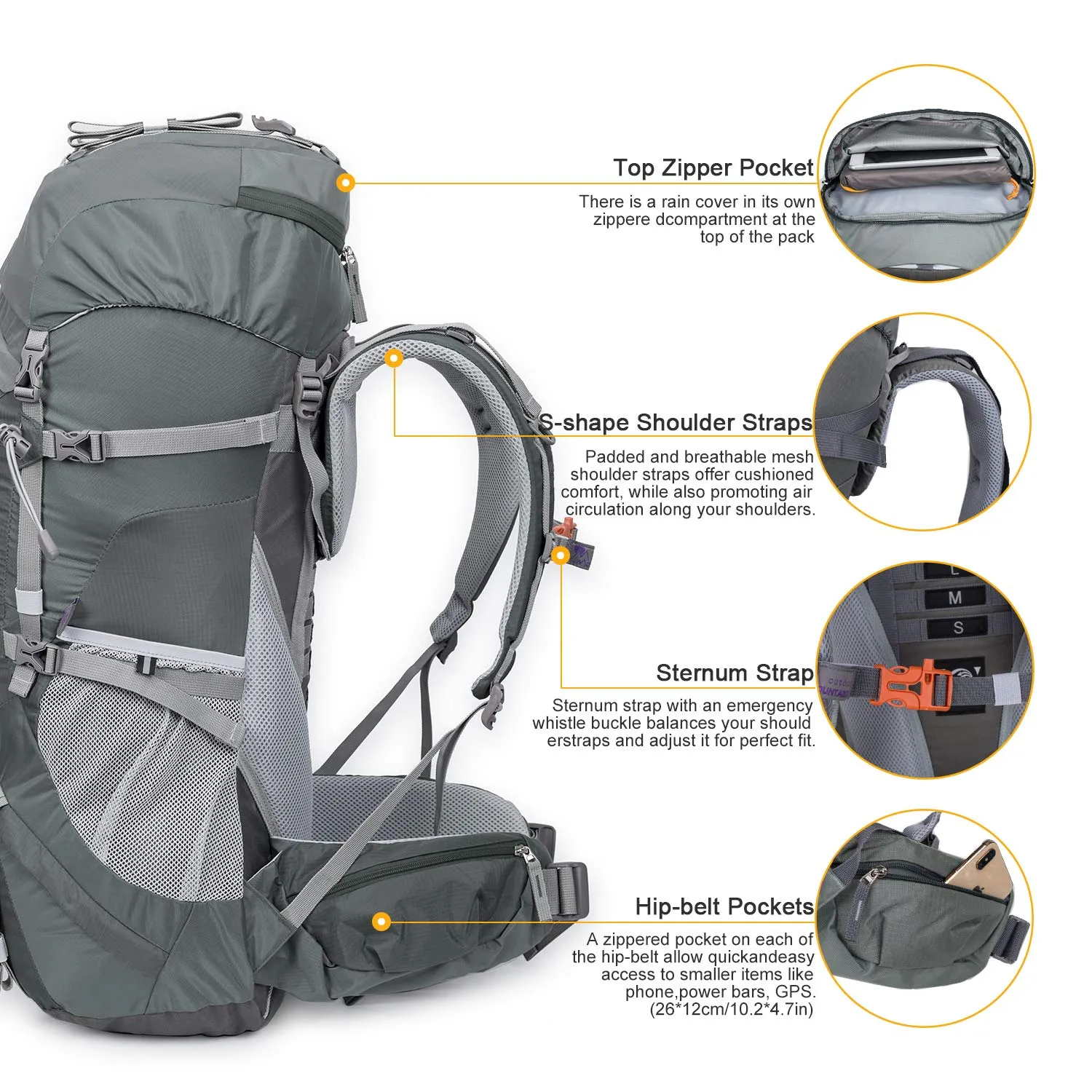 MOUNTAINTOP 65L Internal Frame Backpack with Rain Cover Medium Teal-65l