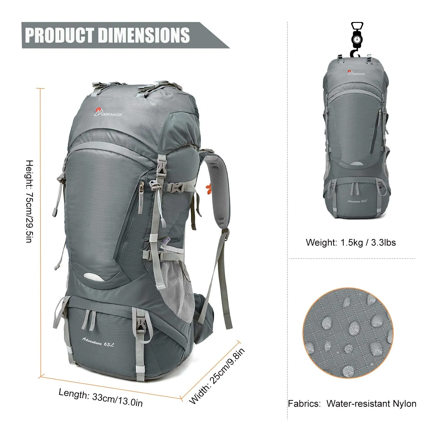 MOUNTAINTOP 65L Internal Frame Backpack with Rain Cover Medium Teal-65l