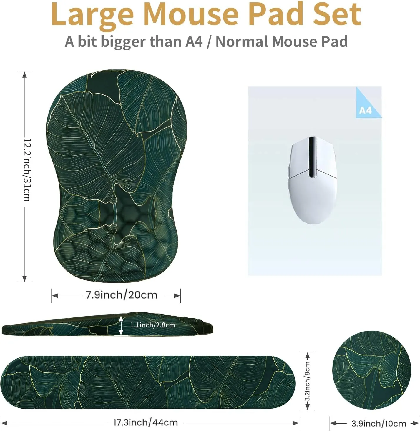 Mouse Pad Wrist Support,Ergonomic Mouse Pad with Wrist Rest,Computer Mouse Pads Pain Relief Keyboard Wrist Rest with Coaster Set,Non-Slip Computer Gel Mouse Pad for Desk Laptop Office-Green Leaves