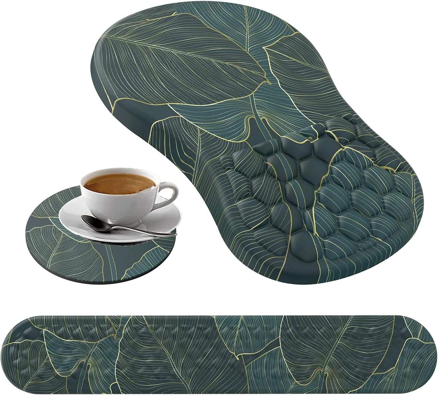 Mouse Pad Wrist Support,Ergonomic Mouse Pad with Wrist Rest,Computer Mouse Pads Pain Relief Keyboard Wrist Rest with Coaster Set,Non-Slip Computer Gel Mouse Pad for Desk Laptop Office-Green Leaves