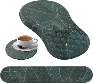 Mouse Pad Wrist Support,Ergonomic Mouse Pad with Wrist Rest,Computer Mouse Pads Pain Relief Keyboard Wrist Rest with Coaster Set,Non-Slip Computer Gel Mouse Pad for Desk Laptop Office-Green Leaves