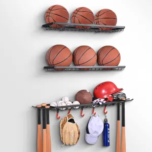 Mythinglogic Sports Equipment Storage Rack,Wall Mount Ball Storage Racks for garage, 3 Separate Ball Storage Organizer for Basketball, with Hooks
