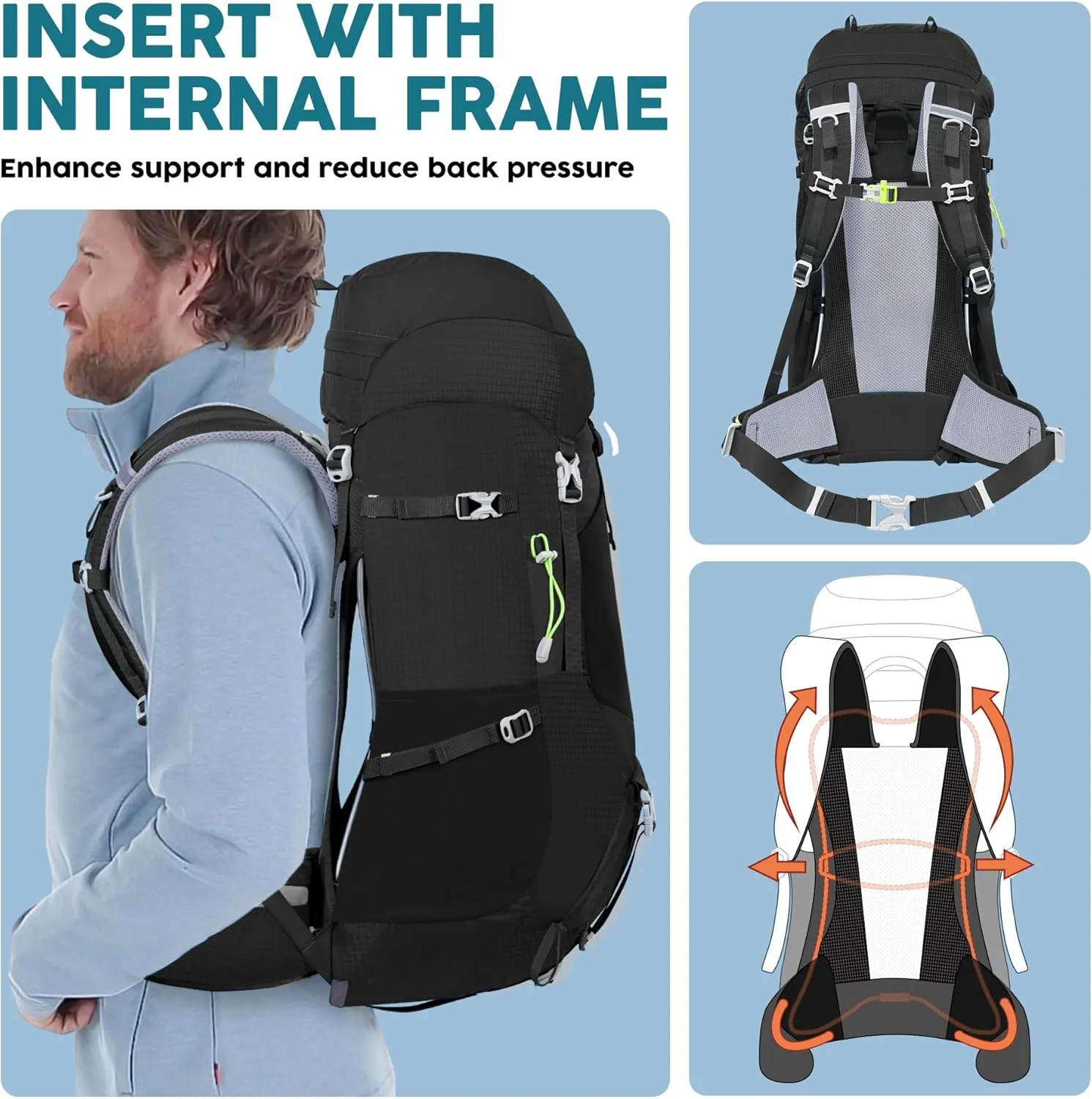 N NEVO RHINO Internal Frame Hiking Backpack 50/60/65/70/80L, Mountain Climbing Camping Backpack Daypack Waterproof Rain Cover