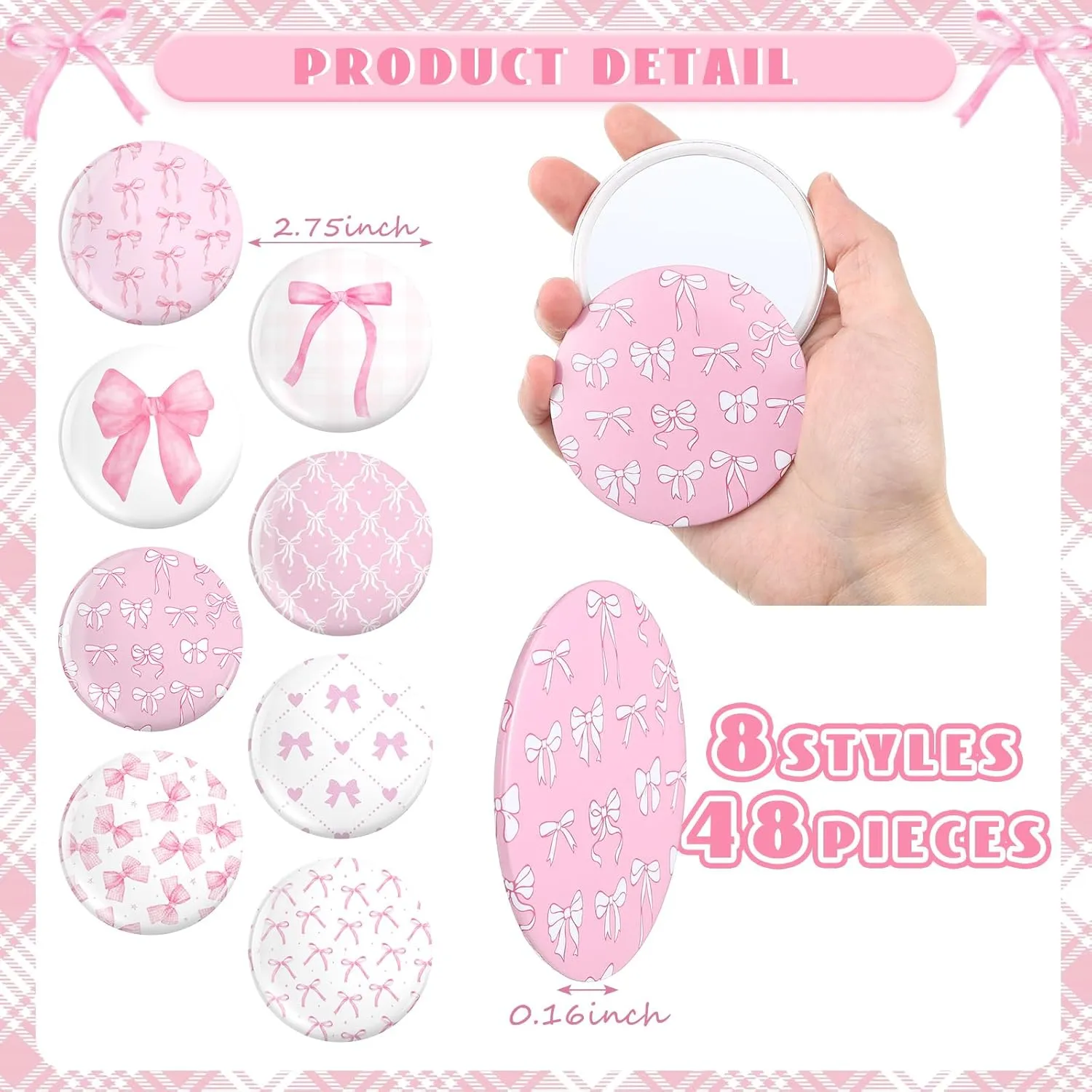 Namalu 48 Pcs Pink Bow Coquette Mini Pocket Mirrors Inspirational Christian Gifts Bulk for Women Portable Round Makeup Mirror for Purse Church Religious Party Favors(Cute Style)