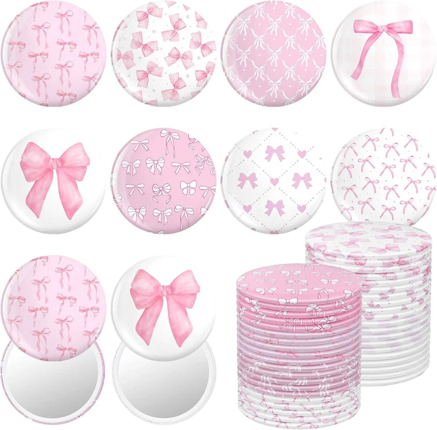 Namalu 48 Pcs Pink Bow Coquette Mini Pocket Mirrors Inspirational Christian Gifts Bulk for Women Portable Round Makeup Mirror for Purse Church Religious Party Favors(Cute Style)