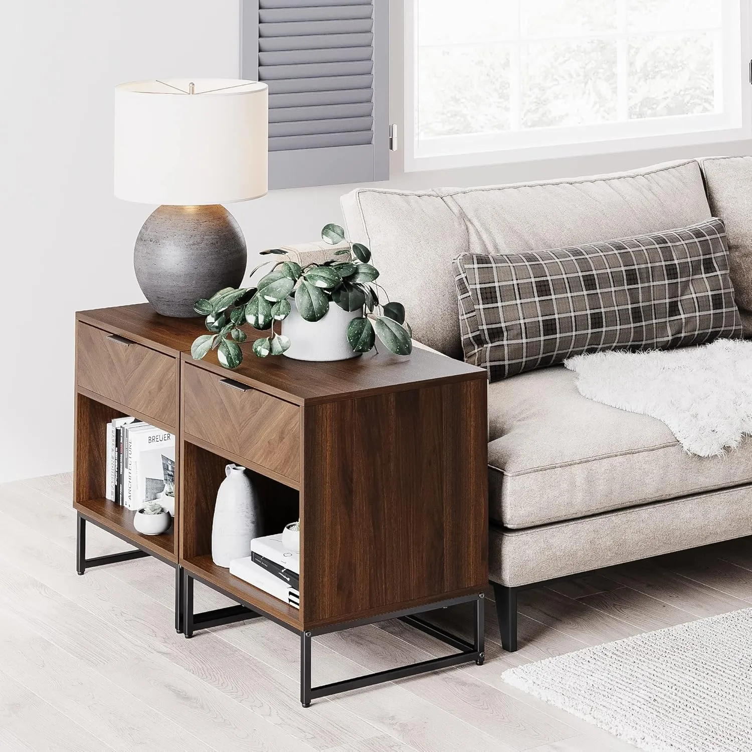 Nathan James Kensi Nightstand Side Accent or End Table with Storage, Walnut/Black - Set of 2