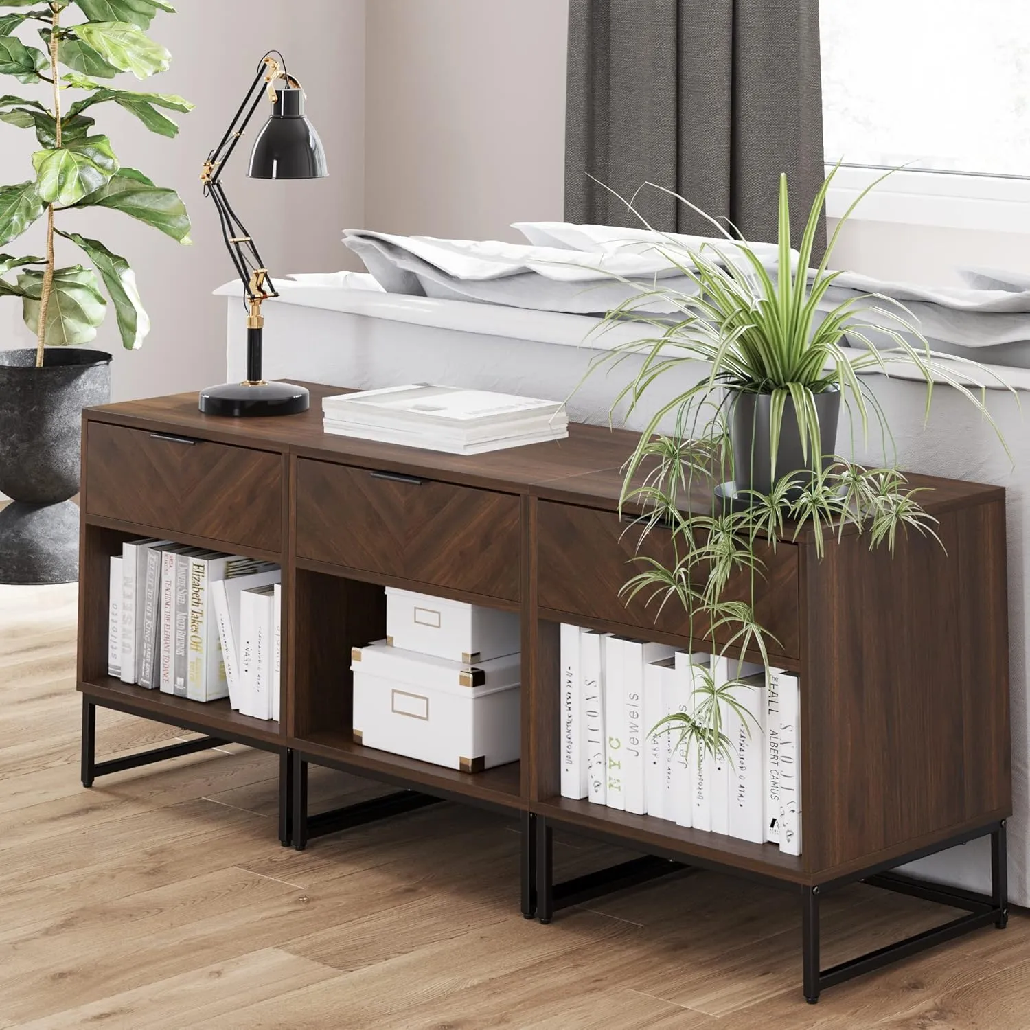 Nathan James Kensi Nightstand Side Accent or End Table with Storage, Walnut/Black - Set of 2