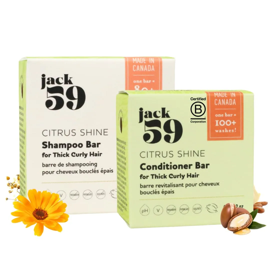 Natural Shampoo and Conditioner Set, Solid Shampoo and Conditioner Bars for Thick Curly Hair, Eco Friendly, Sulfate Free, Paraben Free, Made in Canada Products, Pack of 2, Citrus Shine