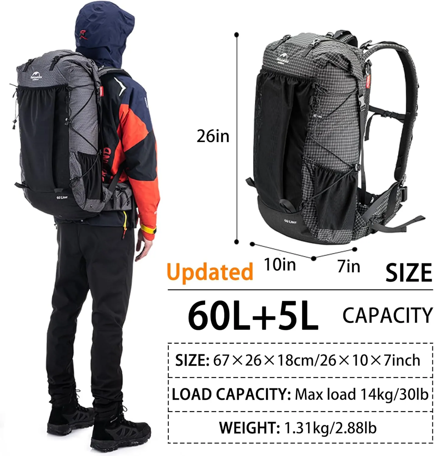 Naturehike Rock-40L/60L 5L Internal Frame Hiking backpacking backpack, Camping Waterproof Bag, Ultralight Outdoor Daypack with Rain Cover for Hiking, Backpacking,Camping Survival(60 5L(updated))