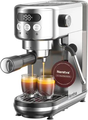 Neretva Espresso Machine 20 Bar, Super Compact Espresso Maker Stainless Steel Professional Coffee Machine Espresso with Milk Frother & LED Display for Home Barista Latte and Cappuccino Maker