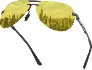 Night Vision Driving Glasses for Men and Women Anti Glare Night Time Glasses Polarized Yellow Lens Pilot Metal Frame