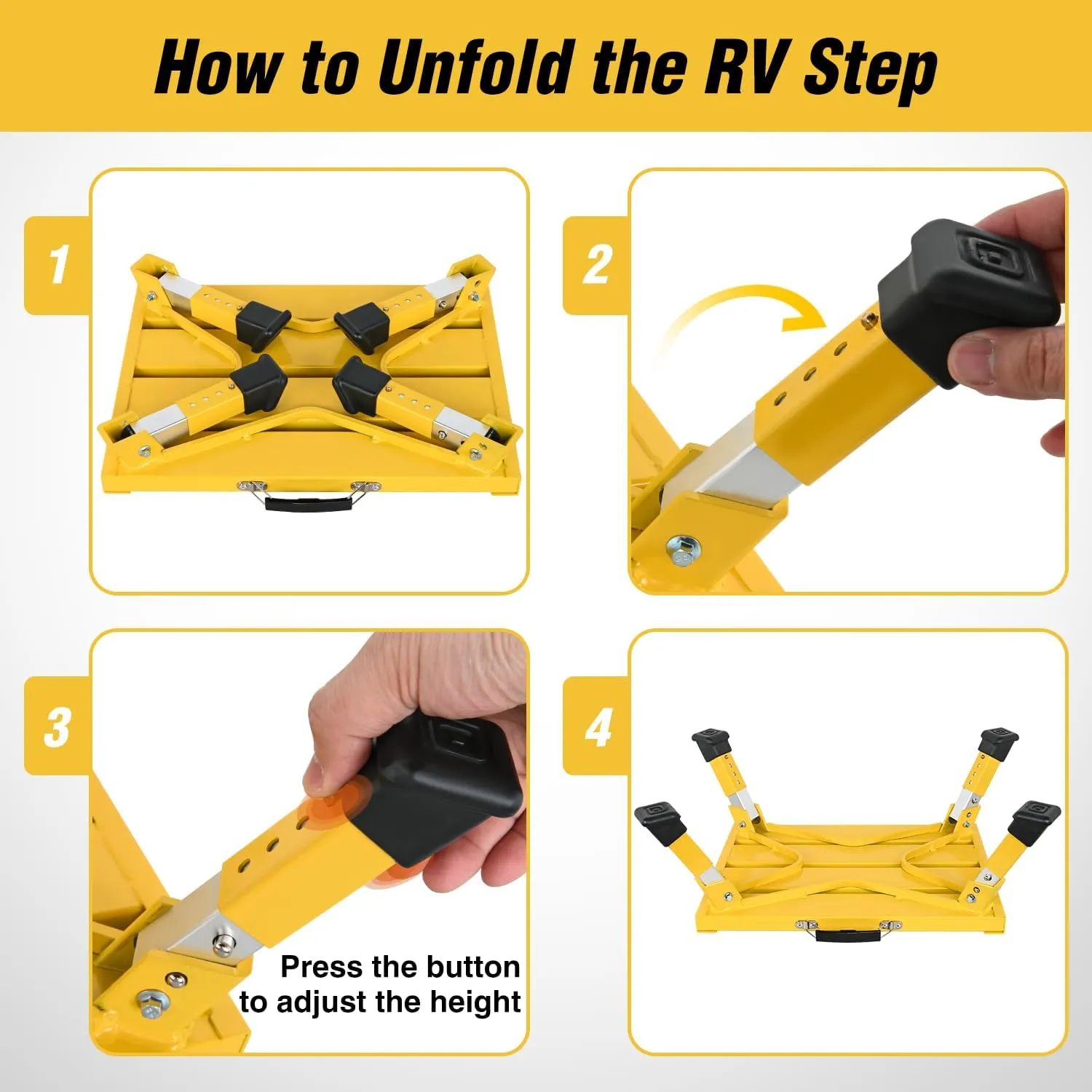 Nilight RV Step Stool Portable Folding Aluminum Platform Steps with Handle 16.5x11.8 Anti-Slip Surface Adjustable Height Step with Rubber Feet Support Up to 500lbs for Camping Travel Trailer (Yellow)