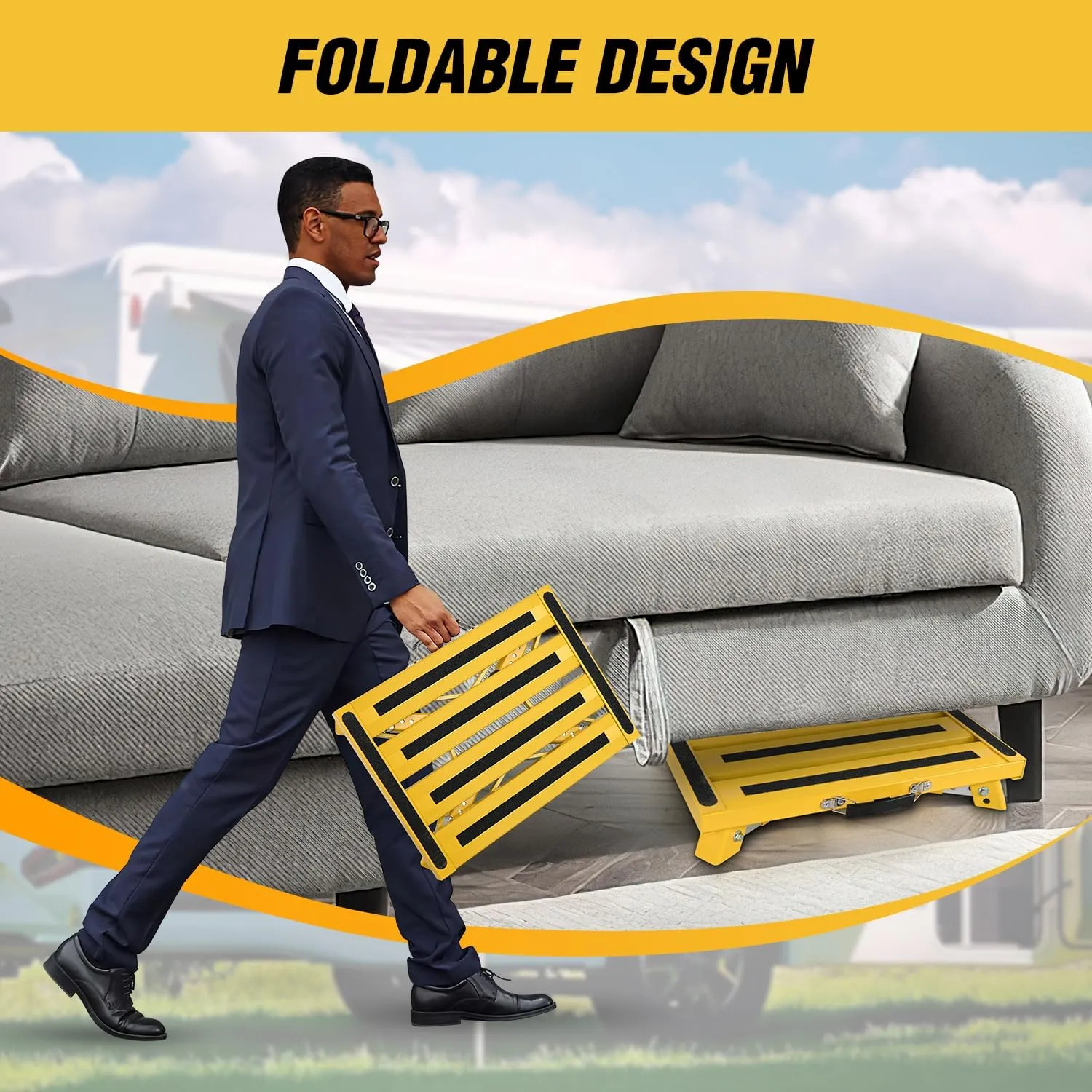 Nilight RV Step Stool Portable Folding Aluminum Platform Steps with Handle 16.5x11.8 Anti-Slip Surface Adjustable Height Step with Rubber Feet Support Up to 500lbs for Camping Travel Trailer (Yellow)