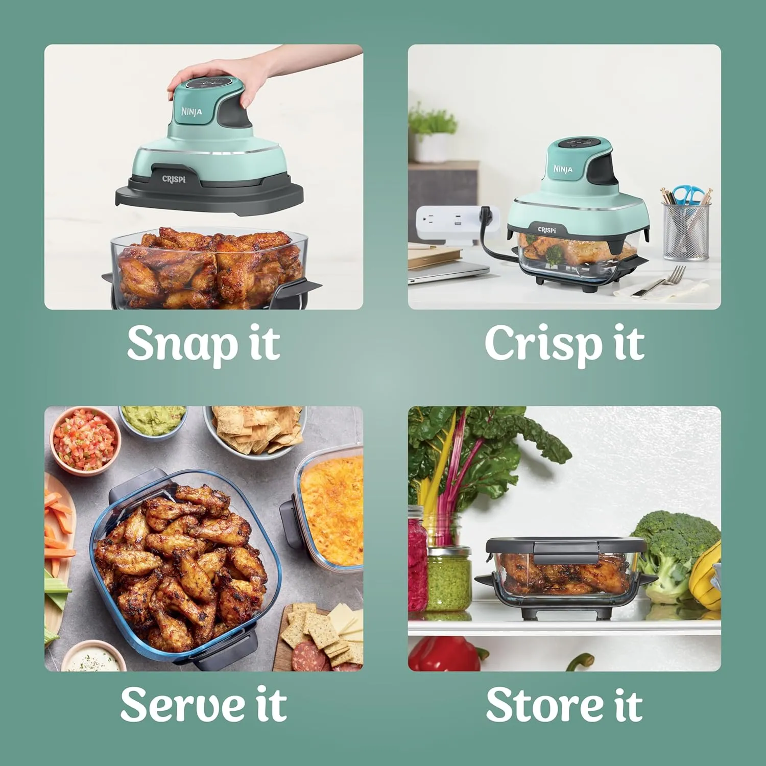 Ninja Crispi 4-in-1 Portable Glass Air Fryer Cooking System, 4 QT & 6 Cup Glass Containers with Storage Lids, Easy Meals, Microwave, Freezer & Dishwasher Safe, Air Fry, Bake, & More, Mint, FN101MT