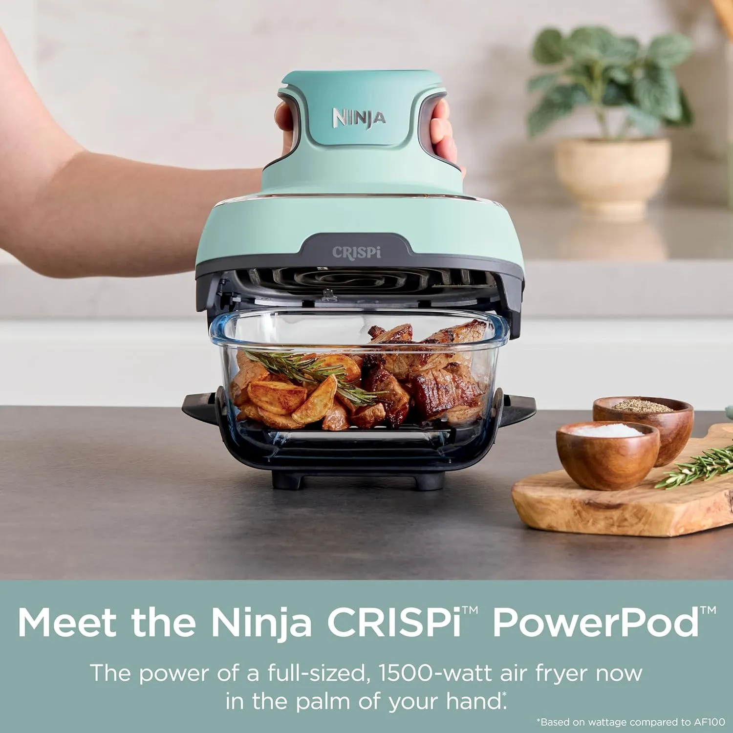 Ninja Crispi 4-in-1 Portable Glass Air Fryer Cooking System, 4 QT & 6 Cup Glass Containers with Storage Lids, Easy Meals, Microwave, Freezer & Dishwasher Safe, Air Fry, Bake, & More, Mint, FN101MT