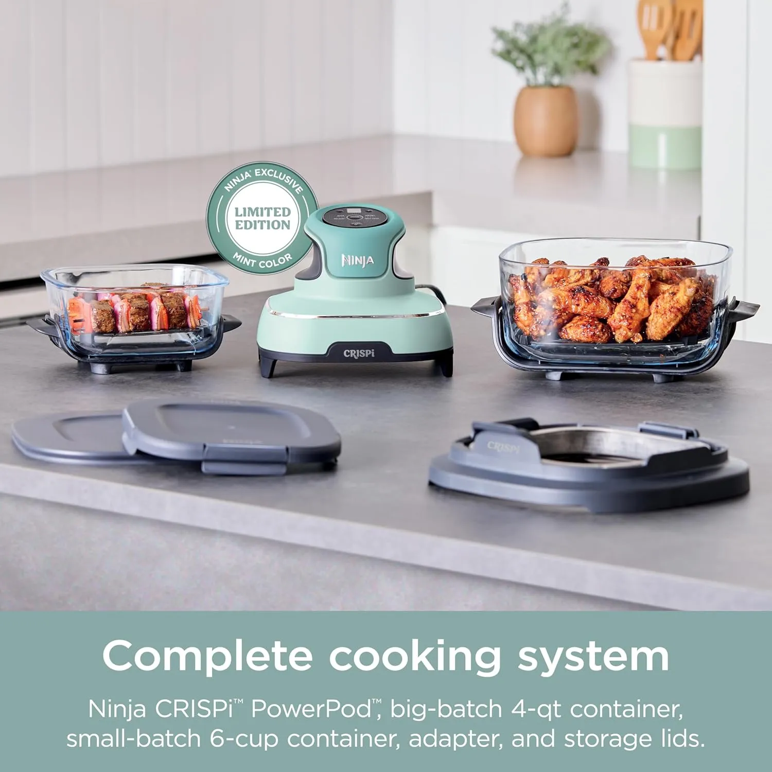 Ninja Crispi 4-in-1 Portable Glass Air Fryer Cooking System, 4 QT & 6 Cup Glass Containers with Storage Lids, Easy Meals, Microwave, Freezer & Dishwasher Safe, Air Fry, Bake, & More, Mint, FN101MT