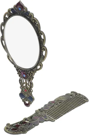 NOLITOY Vintage Metal Peacock Makeup Mirror Handheld Compact Mirror Set with Brush Perfect for Vanity