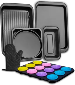 Nonstick Baking Pans Set, 9 Pieces Bakeware Set Stackable for Oven with Non-stick Cookie Sheet, Square/Round Cake Pans, Muffin, Loaf Pan, Baking Tray, Cooling Rack and Oven Mitt