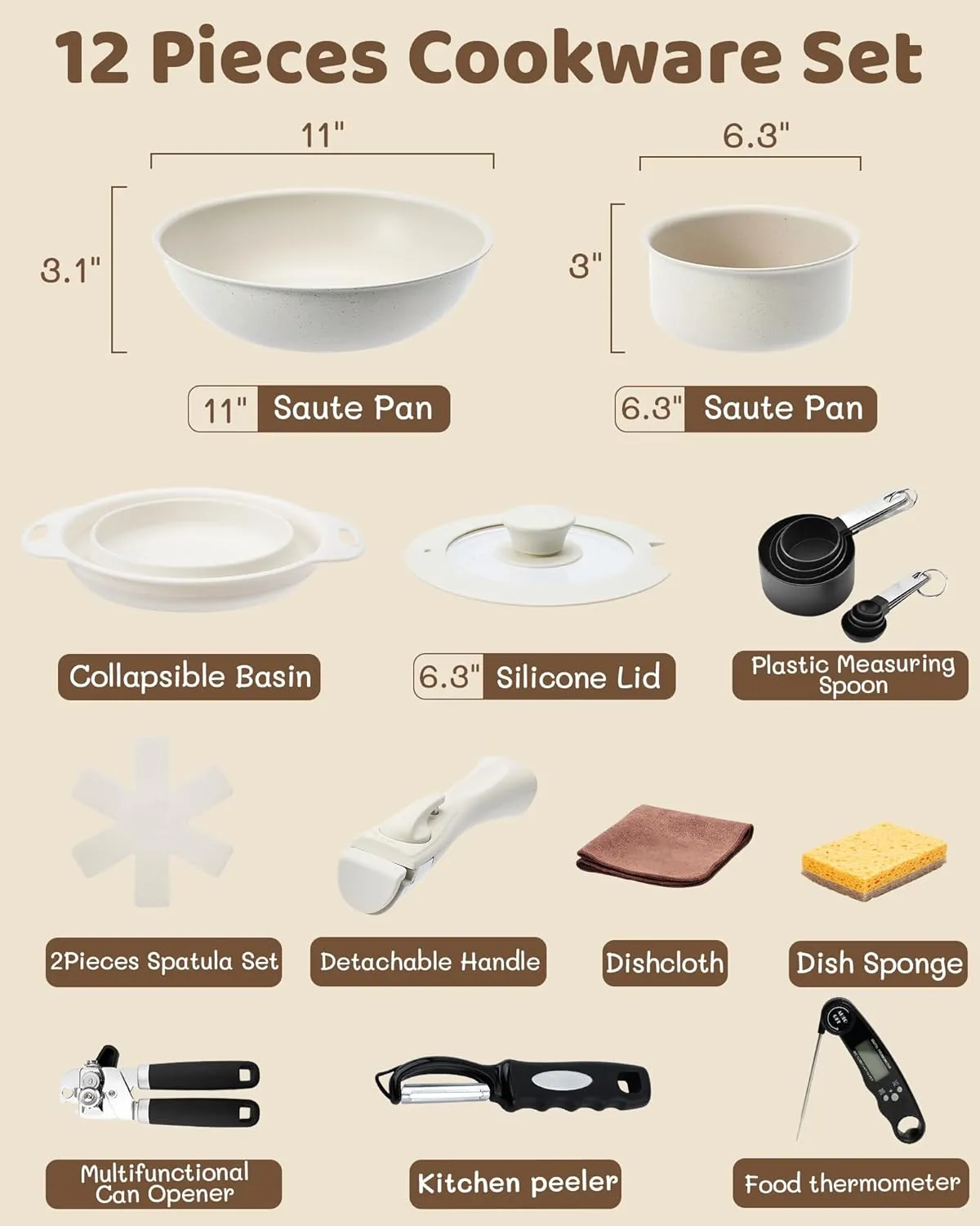 Nonstick Pots and Pans Set, Ceramic Cookware with Detachable Handle, Space-Saving Design, Cookware Set with Collapsible Dish Basin, Food Thermometer, Peeler, and More, Oven Safe
