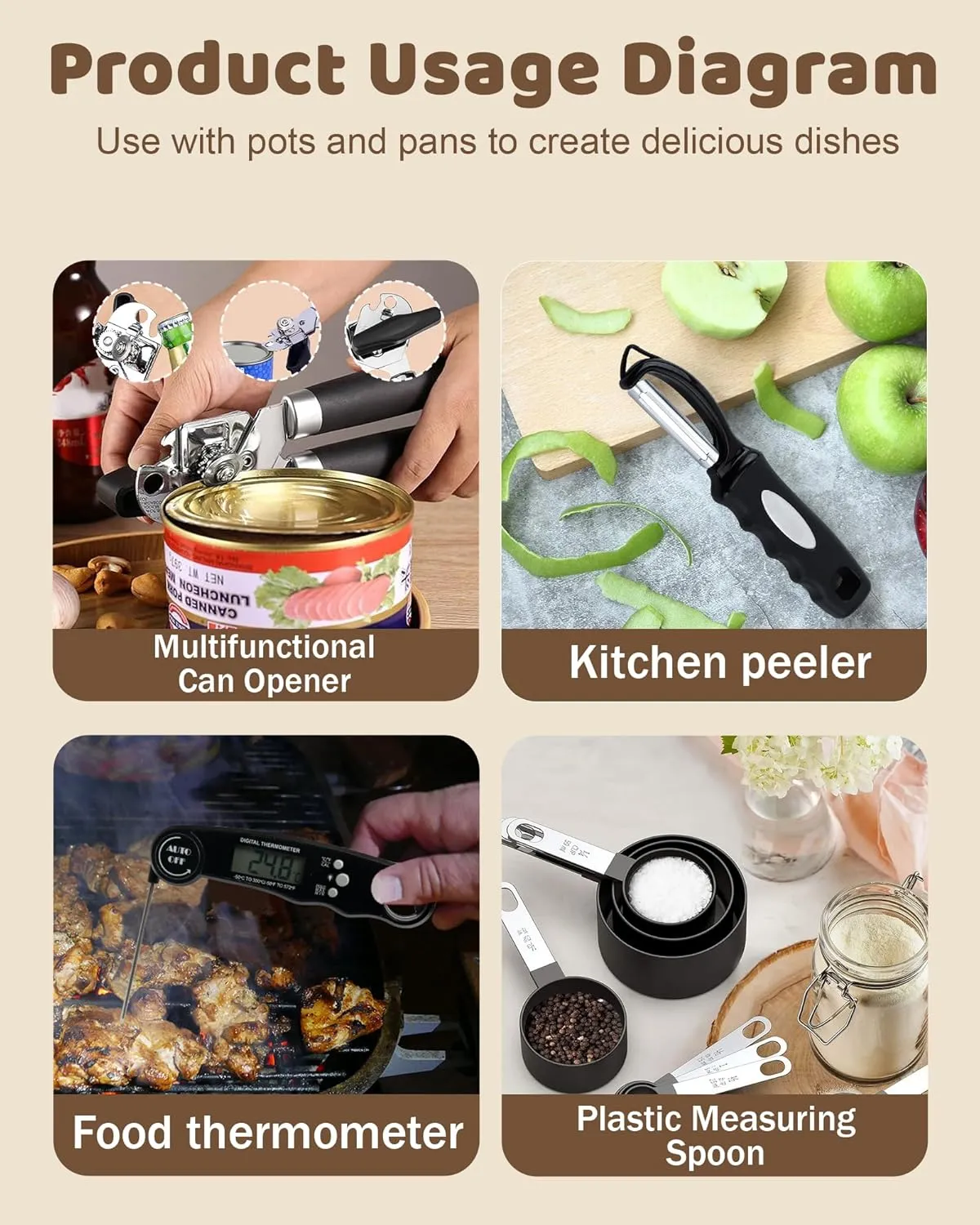 Nonstick Pots and Pans Set, Ceramic Cookware with Detachable Handle, Space-Saving Design, Cookware Set with Collapsible Dish Basin, Food Thermometer, Peeler, and More, Oven Safe