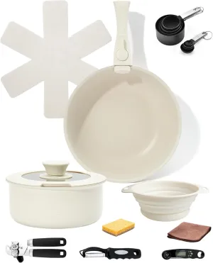 Nonstick Pots and Pans Set, Ceramic Cookware with Detachable Handle, Space-Saving Design, Cookware Set with Collapsible Dish Basin, Food Thermometer, Peeler, and More, Oven Safe